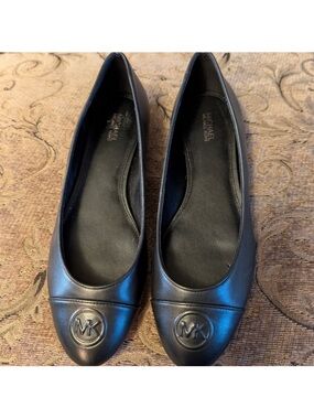 Michael Kors Black Leather MK Logo Round-Toe Flats